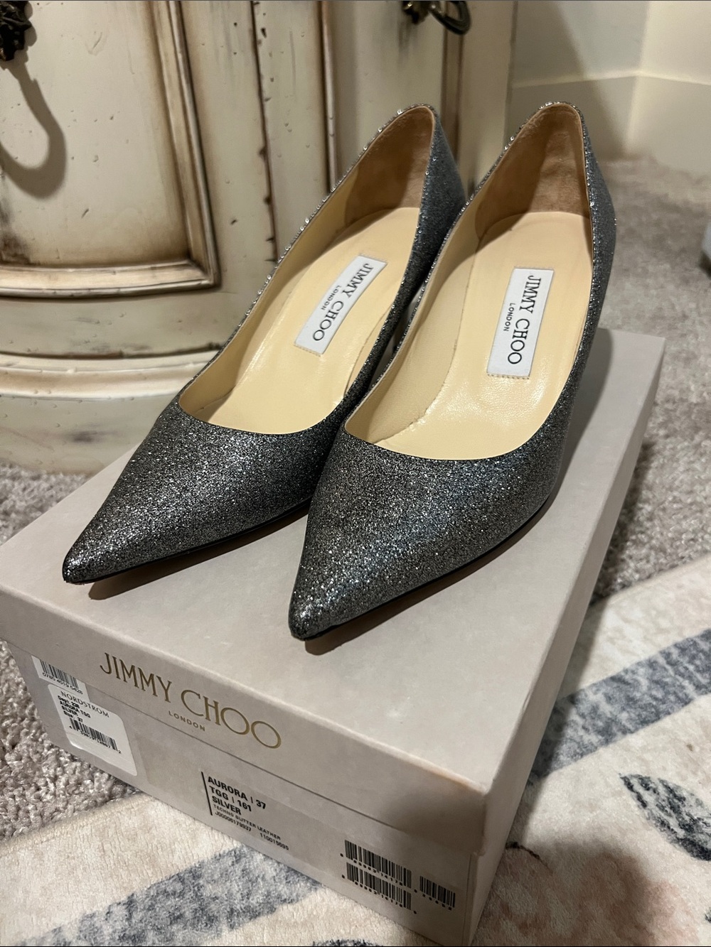 Jimmy Choo Silver Glitter Pointed Toe Pumps